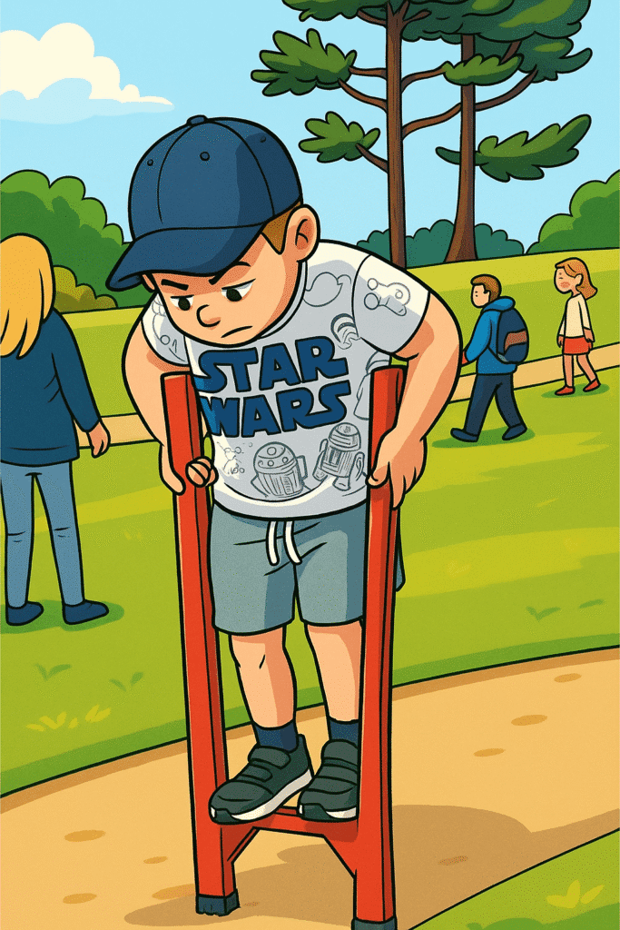 Cartoon of grandson on stilts